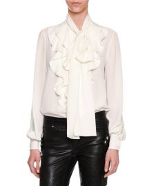 Alexander McQueen Ruffle-Front Tie-Neck Blouse  White at Neiman Marcus